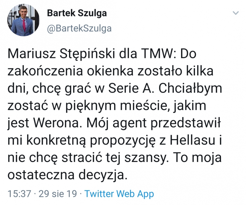 Stępiński ZDECYDOWANY na transfer do Hellas Werona